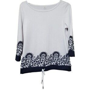 T by Talbots Navy White Floral Paisley Drawstring-Hem 3/4 Sleeve Blouse Size L